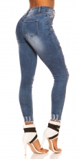 Preview: High Waist Skinny Jeans im Used-Look mit Schrift-Prints - blue washed