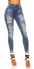 Preview: High Waist Skinny Jeans im Used-Look mit Schrift-Prints - blue washed