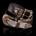 Preview: Moderner Leder-Gürtel mit Doppelschnallen-Optik - schwarz/gold