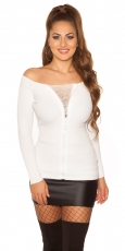 Taillierter Rippstrick-Pullover mit Strass-Zipper - weiß