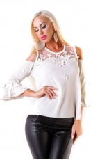 Feinstrick Shirt mit Blütenperlen und Trompeten-Ärmeln in beige