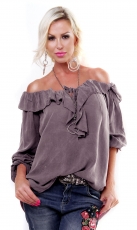 Lässiges Oversize Shirt mit Carmen-Ausschnitt und Volant-Verzierung in khaki