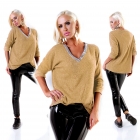 Preview: Weicher Glattstrick-Pullover mit verzierten V-Ausschnitt - sand