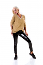 Preview: Weicher Glattstrick-Pullover mit verzierten V-Ausschnitt - sand