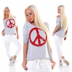Preview: Gestreiftes Langarmshirt mit Peace-Logo - grau/weiß