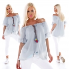 Preview: Luftig leichtes Carmen-Shirt mit Binebändchen - stone