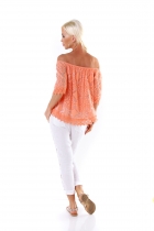 Preview: Schönes Carmen-Shirt aus feiner Häkelspitze - mandarine