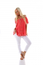 Preview: Carmen-Bluse mit süßem Volant-Abschluss - coral