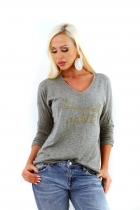 Preview: Feinstrick-Pullover mit weitem V-Ausschnitt und Glitzer-Schrift in olive