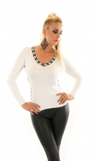 Preview: Pullover mit Hahnentritt-Applikationen in weiß