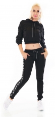 Preview: Jogginganzug mit Hoodie und Totenkopfbordüre in schwarz