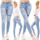 Preview: Stretch-Jeans im Used-Look mit Schrift-Prints - light blue