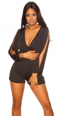 Sexy Playsuit mit Knoten-Look und geschlitzten Ärmeln - schwarz