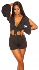 Preview: Sexy Playsuit mit Knoten-Look und geschlitzten Ärmeln - schwarz