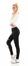 Preview: High Waist Skinny Jeans im Used-Look mit Schrift-Prints - schwarz