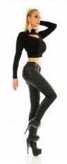 Sexy Slim Fit Skinny Jeans im Wetlook mit Schleifen-Verzierung in schwarz