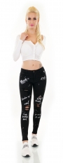 Preview: High Waist Skinny Jeans im Used-Look mit Schrift-Prints - schwarz
