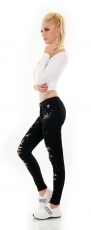 Preview: High Waist Skinny Jeans im Used-Look mit Schrift-Prints - schwarz
