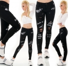 Preview: High Waist Skinny Jeans im Used-Look mit Schrift-Prints - schwarz