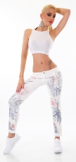 Preview: Süsse Sommer Chino Jeans mit bunten Lilien-Prints und Perlen-Applikation in weiß