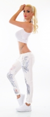 Preview: Süsse Sommer Chino Jeans mit bunten Lilien-Prints und Perlen-Applikation in weiß
