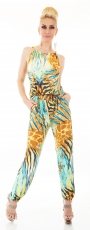Preview: Eleganter Overall im Marlene-Style im fröhlich bunten Sommermuster - türkis