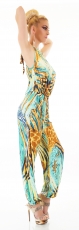 Preview: Eleganter Overall im Marlene-Style im fröhlich bunten Sommermuster - türkis