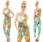 Preview: Eleganter Overall im Marlene-Style im fröhlich bunten Sommermuster - türkis