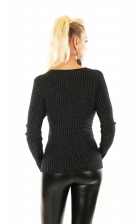 Preview: Feinstrick Pullover mit sexy Wickel-Ausschnitt und Glitzer Effekt in schwarz