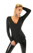 Preview: Feinstrick Pullover mit sexy Wickel-Ausschnitt und Glitzer Effekt in schwarz