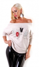 Legerer Feinstrick-Pullover mit Glamour-Schriftzug - beige