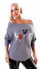 Legerer Feinstrick-Pullover mit Glamour-Schriftzug - stone