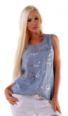 Legeres Leinen-Top mit Silber-Schriftprint - blau