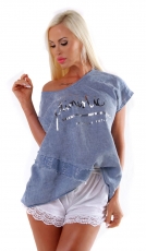 Oversize Shirt mit Pailletten- Schriftzug- Verzierung - blau