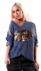 Modischer Feinstrick-Pullover mit Pailetten-Verzierung - blau