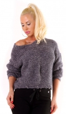 Kurz geschnittener Grobstrick-Pullover mit Used-Effekten - grau