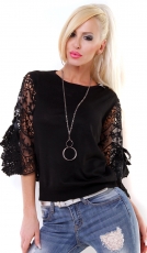 Feinstrick-Pullover mit Spitzen-Ärmeln - schwarz