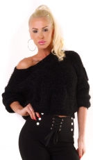 Kurz geschnittener Grobstrick-Pullover mit Used-Effekten - schwarz