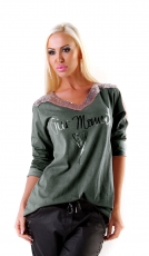 Legerer Pullover mit Pailletten und Schriftzug-Verzierungen - grün