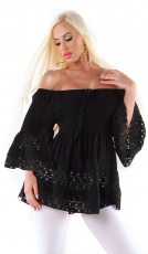 Oversize Tunika mit Carmen-Ausschnitt und Spitzen-Bündchen - schwarz