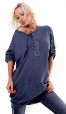 Oversize-Longpullover mit Schnürleiste - blue washed