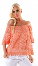Schönes Carmen-Shirt aus feiner Häkelspitze - mandarine
