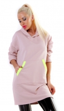 Moderner Longpullover mit Kapuze und Taschen - rosa