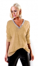 Weicher Glattstrick-Pullover mit verzierten V-Ausschnitt - sand