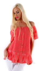 Carmen-Bluse mit süßem Volant-Abschluss - coral
