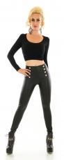 Preview: High-Waist-Leggings im Kunstleder-Look mit Deko-Knöpfen - schwarz