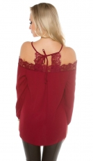 Preview: Cooles Chiffonshirt mit Spitze und freier Schulterpartie - bordeaux