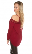Preview: Cooles Chiffonshirt mit Spitze und freier Schulterpartie - bordeaux