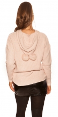 Preview: Warmer Kapuzen-Pullover mit modischen PomPoms - cappuccino