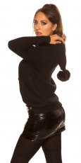Preview: Warmer Kapuzen-Pullover mit modischen PomPoms - schwarz